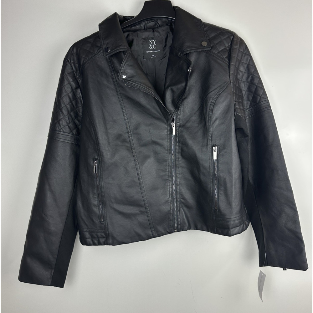 NWT New York & Company Faux Leather Moto Jacket Black Quilted Shoulders XXL NY&C - Picture 5 of 11